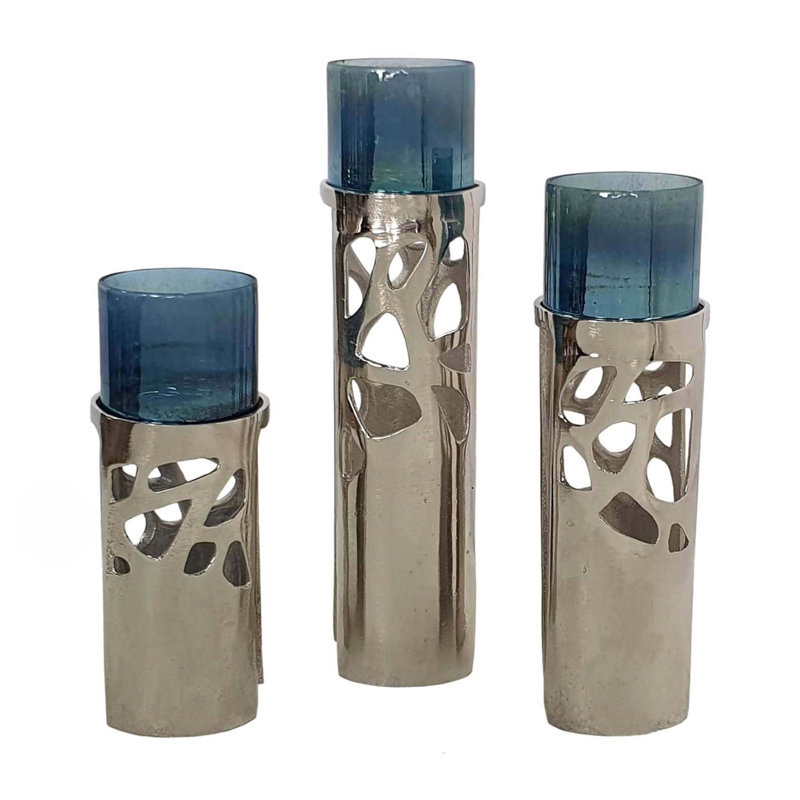 Ocean Blue Glass Votive Holders with Silver Aluminum Stand - Set of 3