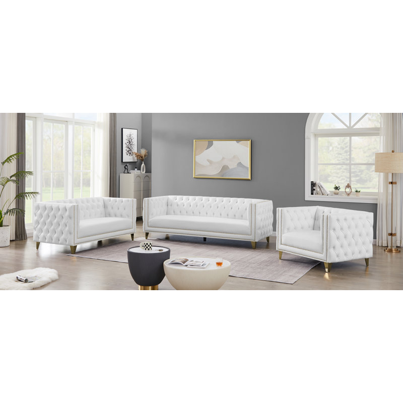 Michelle 66'' White Tufted Faux Leather Loveseat with Gold Nailhead Trim