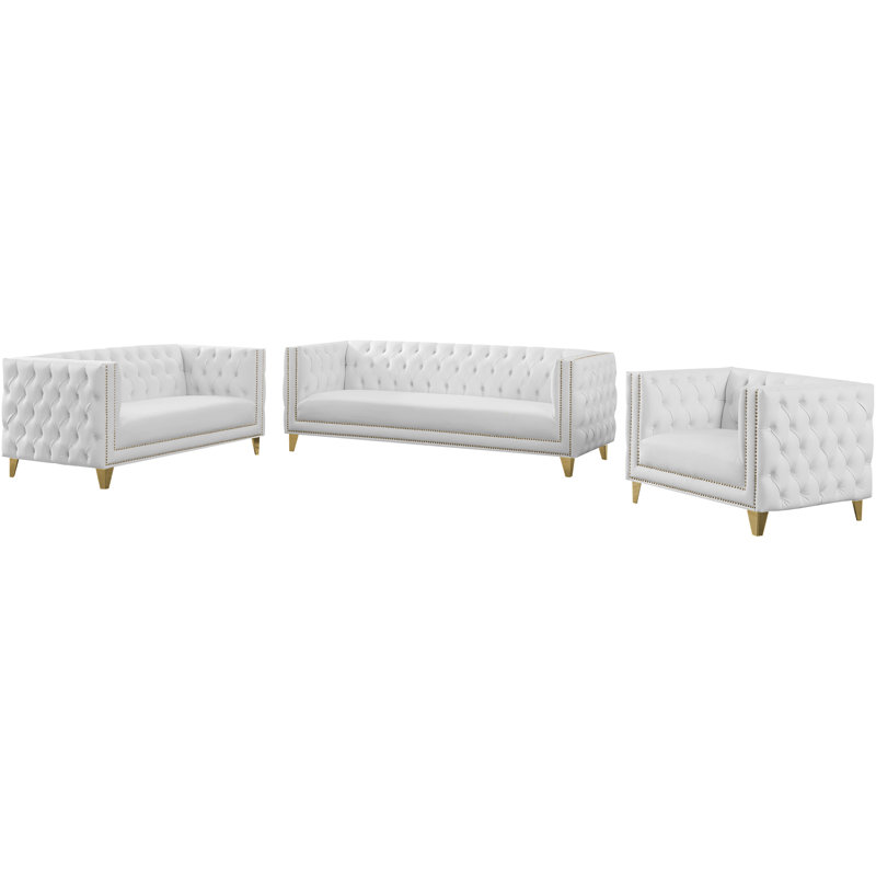Michelle 66'' White Tufted Faux Leather Loveseat with Gold Nailhead Trim