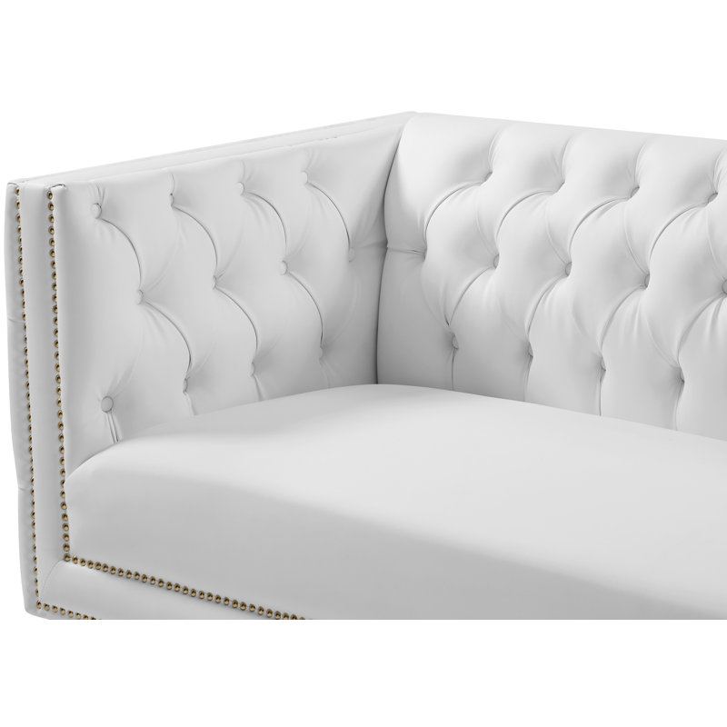 Michelle 66'' White Tufted Faux Leather Loveseat with Gold Nailhead Trim