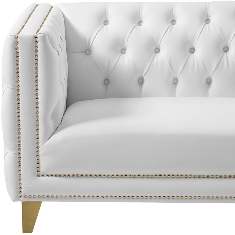 Michelle 66'' White Tufted Faux Leather Loveseat with Gold Nailhead Trim