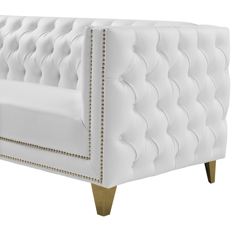 Michelle 66'' White Tufted Faux Leather Loveseat with Gold Nailhead Trim