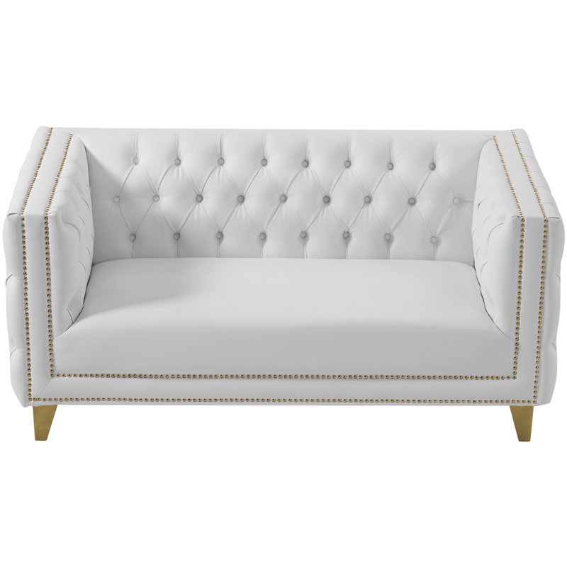 Michelle 66'' White Tufted Faux Leather Loveseat with Gold Nailhead Trim