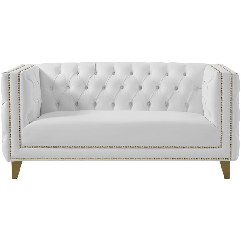 Michelle 66'' White Tufted Faux Leather Loveseat with Gold Nailhead Trim