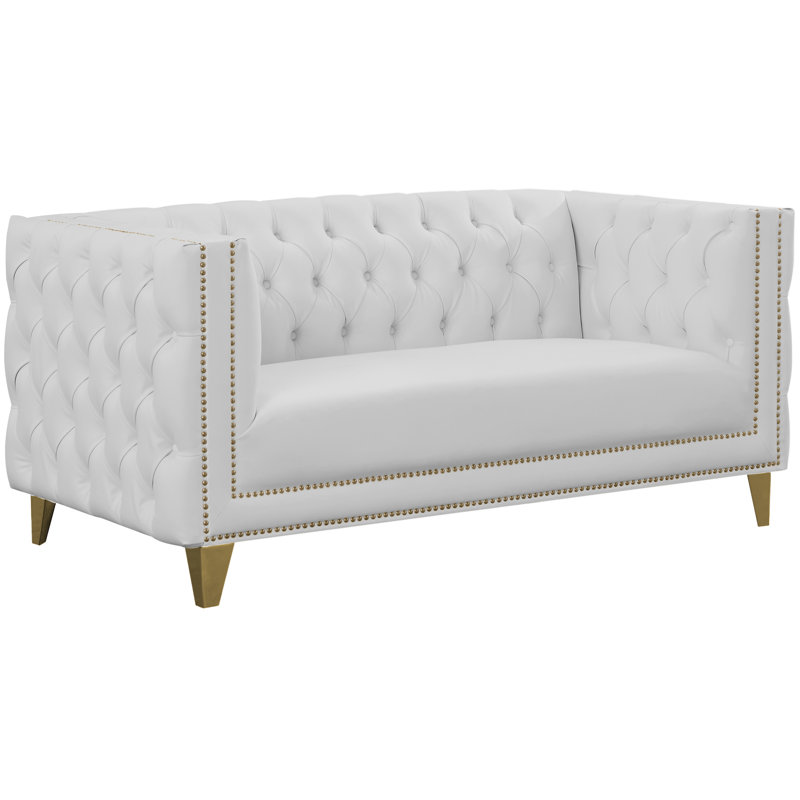 Michelle 66'' White Tufted Faux Leather Loveseat with Gold Nailhead Trim