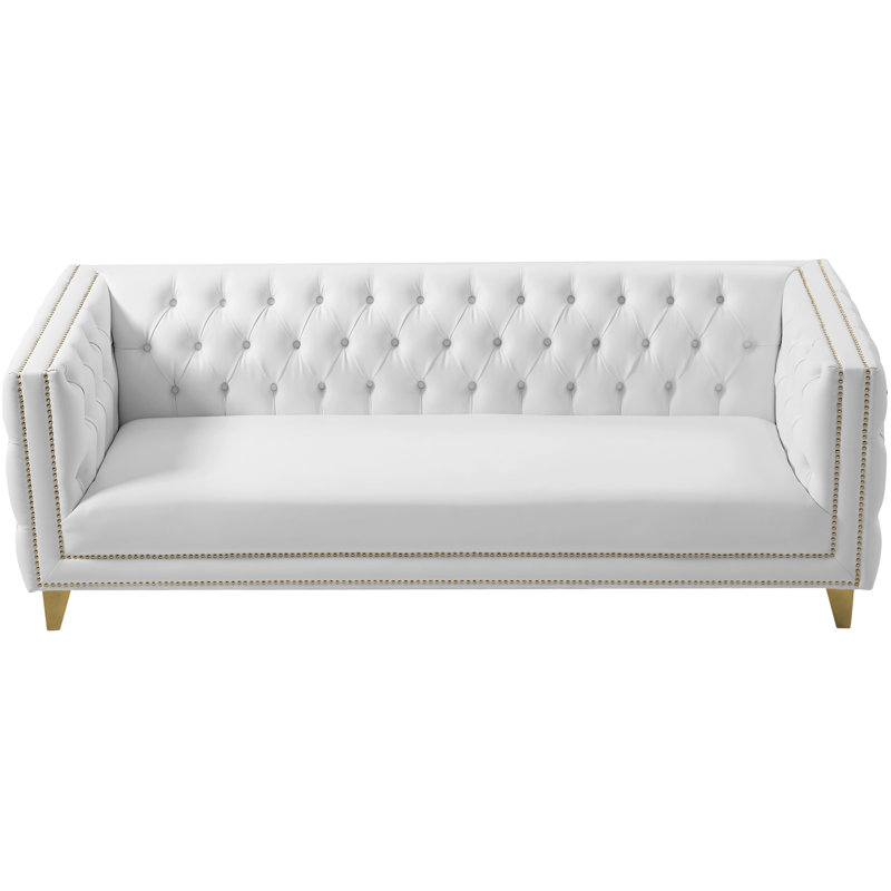 Michelle 90'' White Faux Leather Tufted Sofa with Gold Nailhead Trim