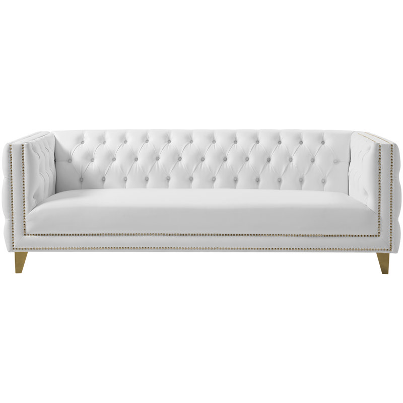 Michelle 90'' White Faux Leather Tufted Sofa with Gold Nailhead Trim