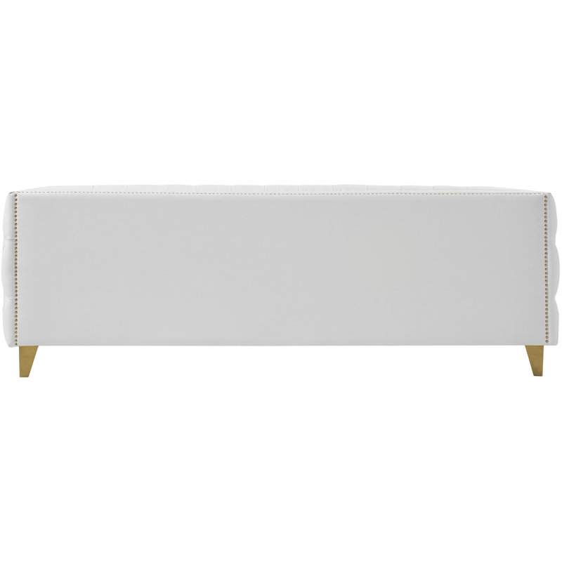 Michelle 90'' White Faux Leather Tufted Sofa with Gold Nailhead Trim