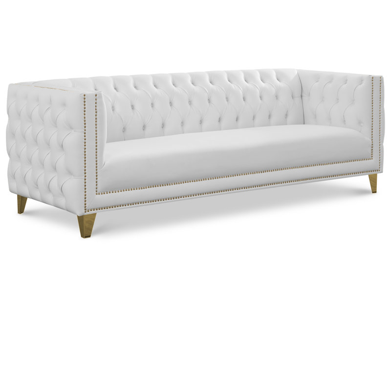Michelle 90'' White Faux Leather Tufted Sofa with Gold Nailhead Trim