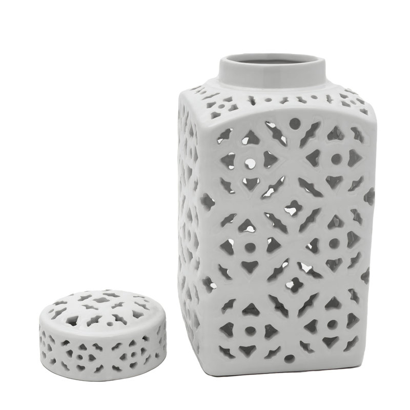 12" Glossy White Carved Ceramic Square Ginger Jar