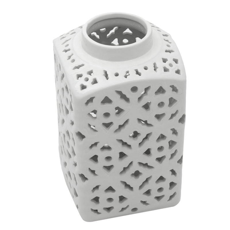 12" Glossy White Carved Ceramic Square Ginger Jar