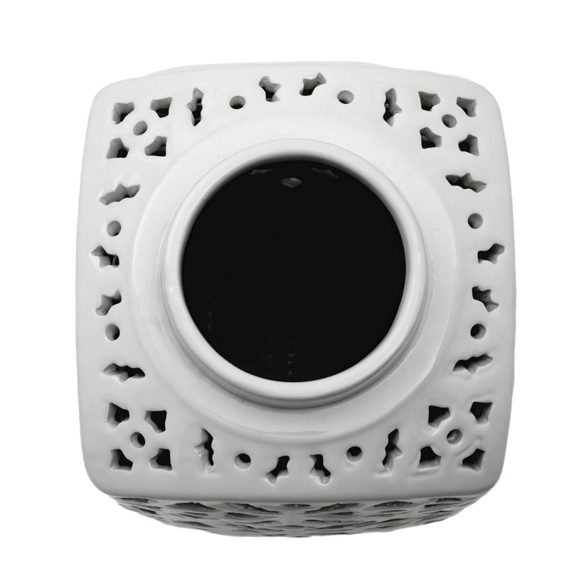 12" Glossy White Carved Ceramic Square Ginger Jar