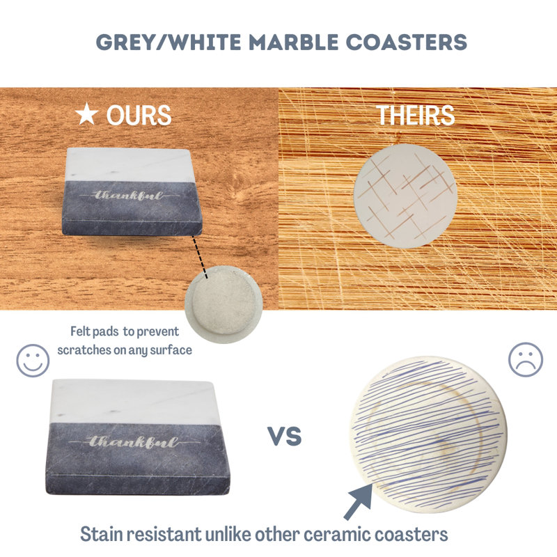 Gray and White Marble Square Coaster Set with Thankful Text