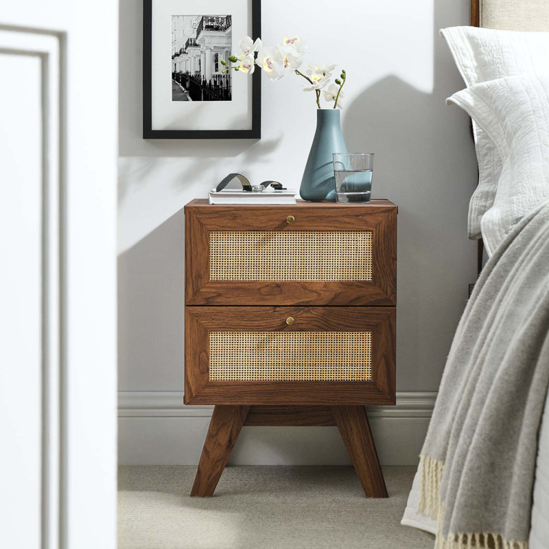 Walnut and Rattan 2-Drawer Nightstand with Splayed Legs