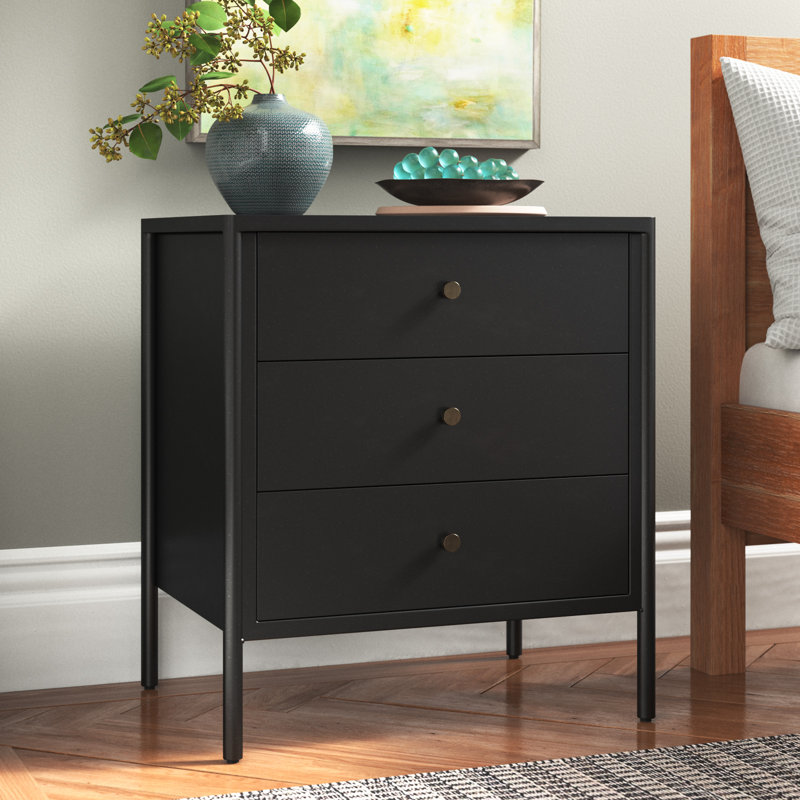 Sleek Modern Black Iron 3-Drawer Chest with Cylindrical Legs