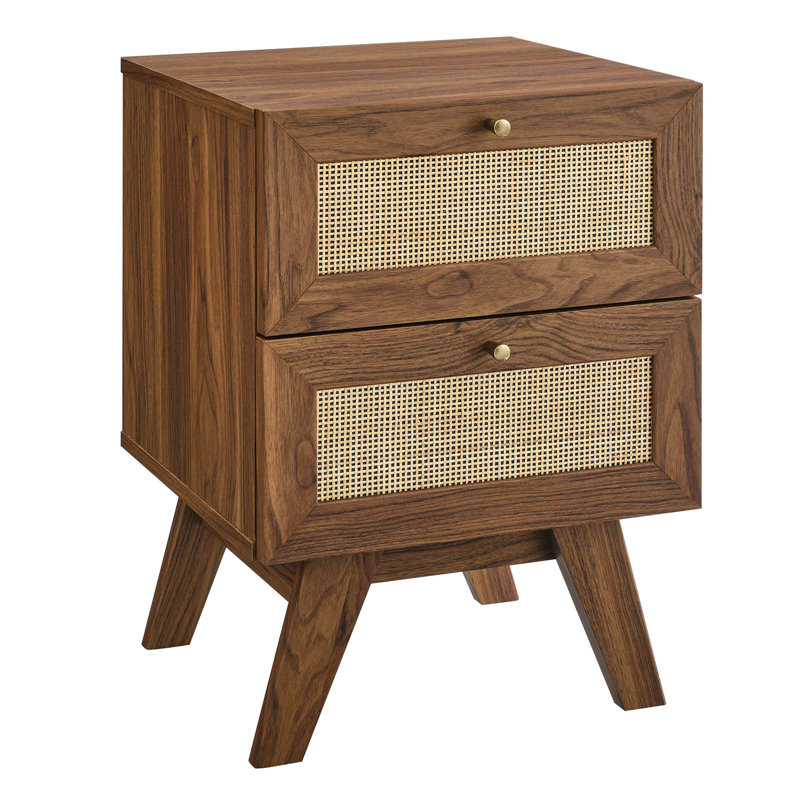 Walnut and Rattan 2-Drawer Nightstand with Splayed Legs