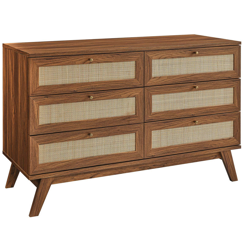 Walnut Double 6-Drawer Dresser with Rattan Weave