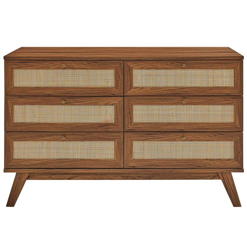 Walnut Double 6-Drawer Dresser with Rattan Weave