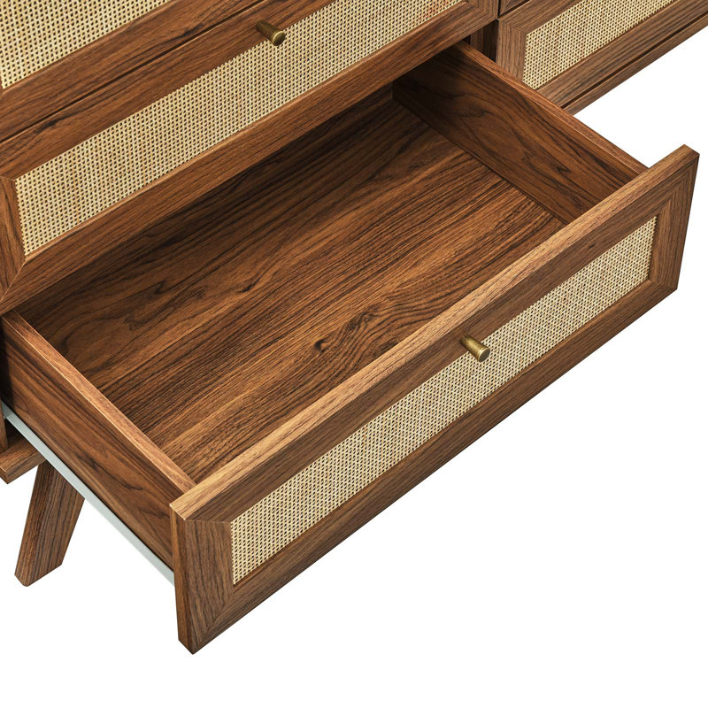 Walnut Double 6-Drawer Dresser with Rattan Weave