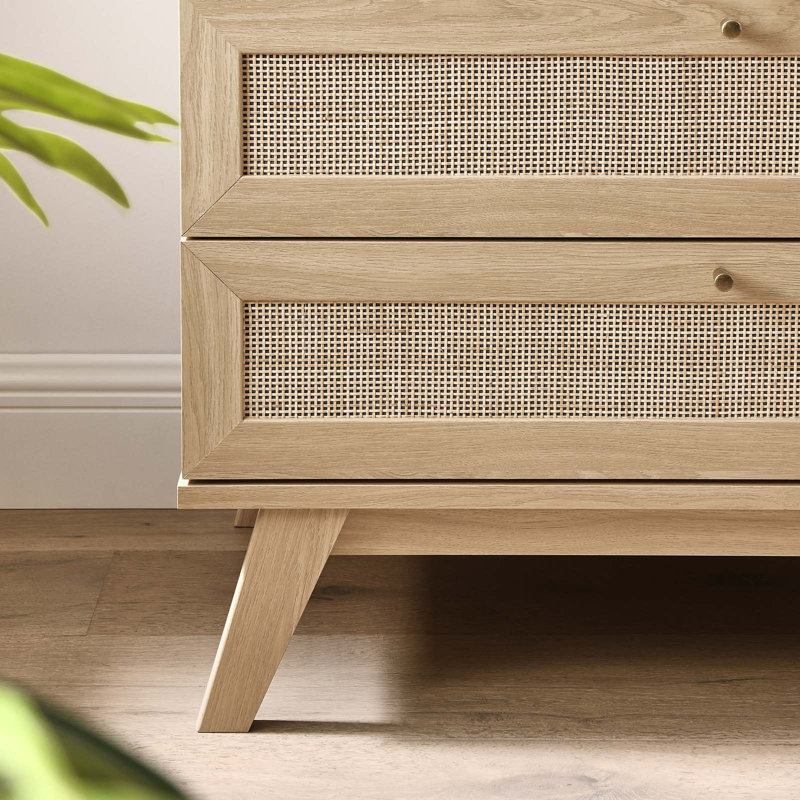 Coastal Charm Oak 3-Drawer Dresser with Rattan Weave
