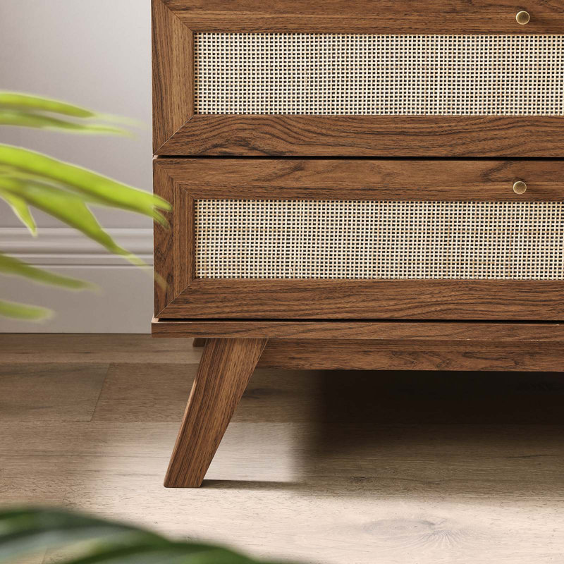 Walnut 3-Drawer Dresser with Rattan Weave Fronts