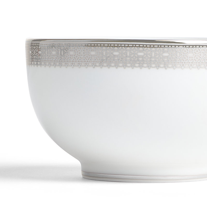 White Ceramic Round Rice Bowl with Platinum Band