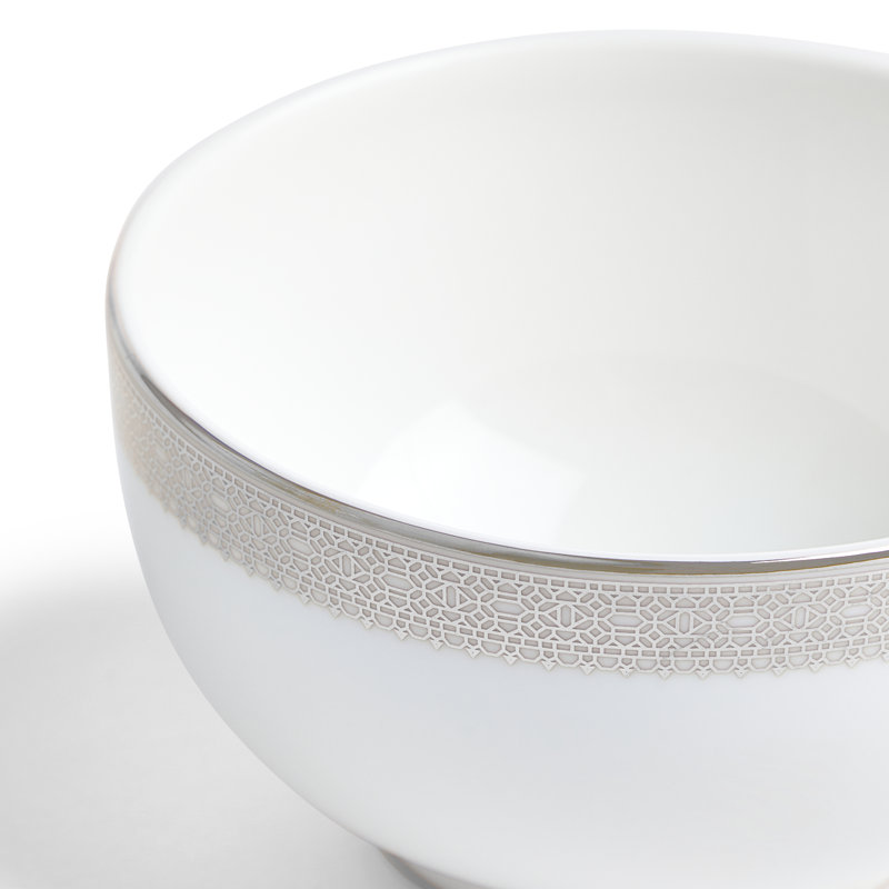 White Ceramic Round Rice Bowl with Platinum Band