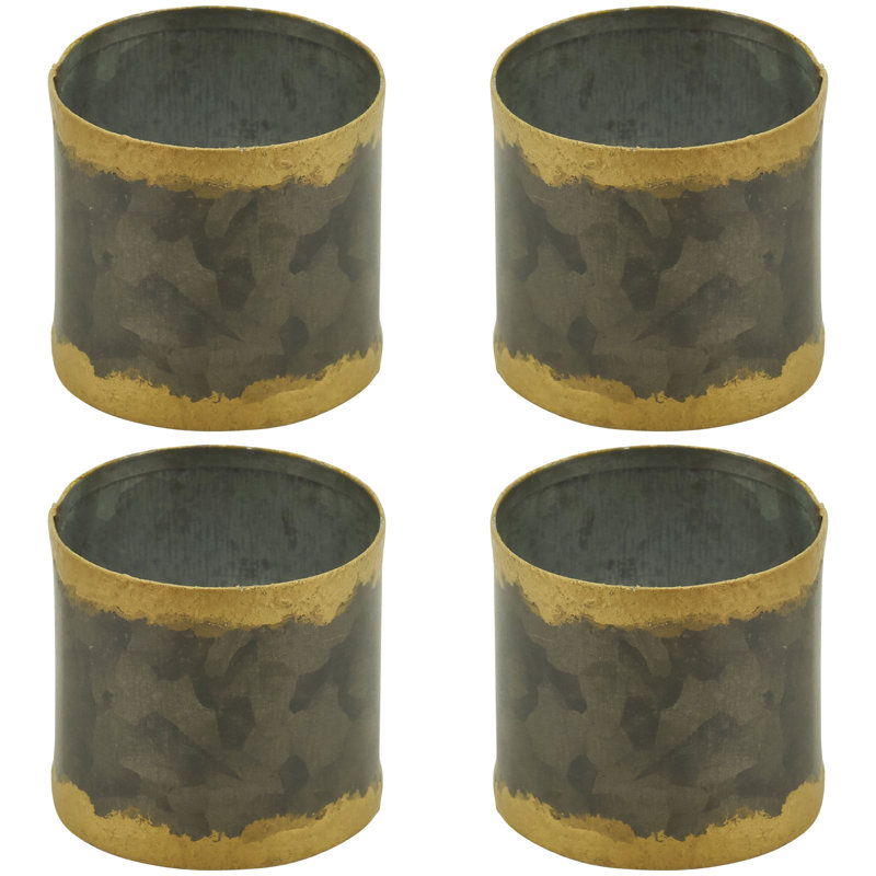 Galvanized Metal Napkin Rings with Gold Rim, Set of 4