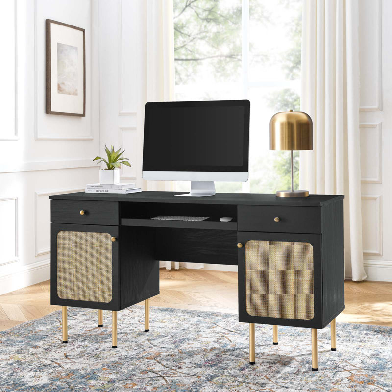 Executive Black Wood Desk with Rattan Weave Drawers and Keyboard Tray