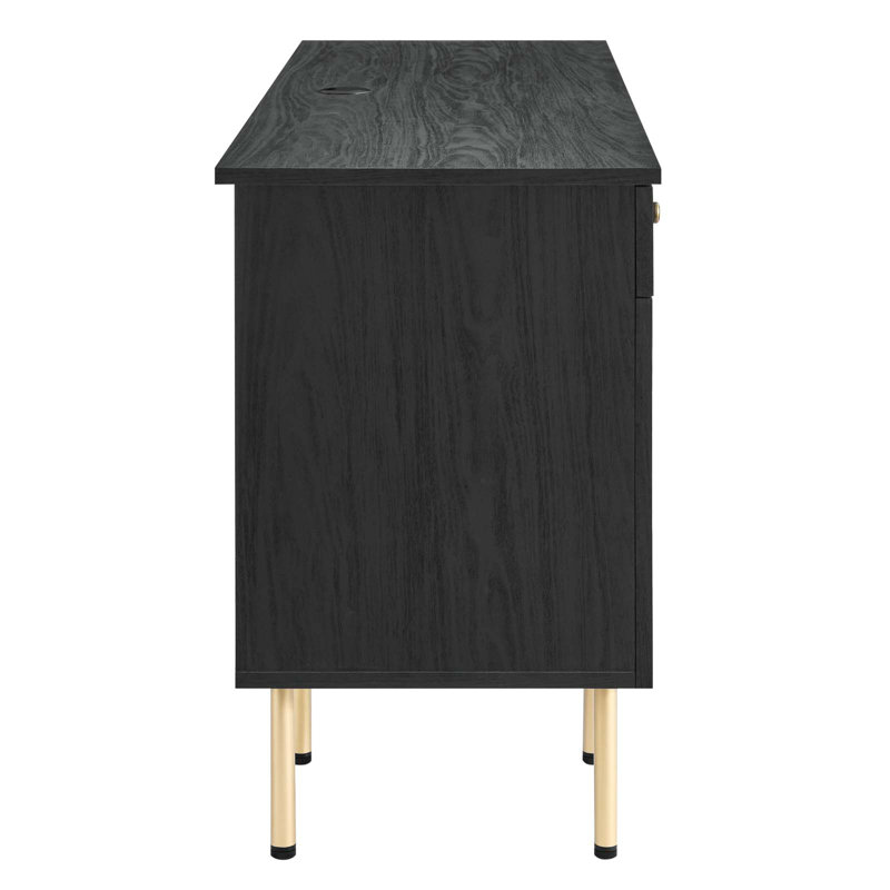 Executive Black Wood Desk with Rattan Weave Drawers and Keyboard Tray