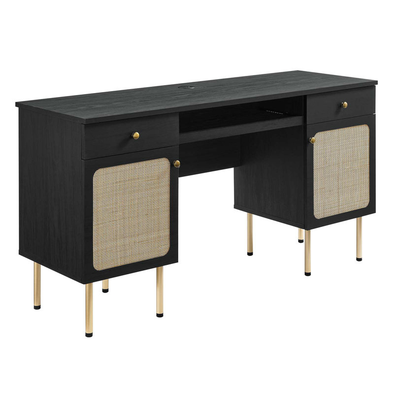 Executive Black Wood Desk with Rattan Weave Drawers and Keyboard Tray