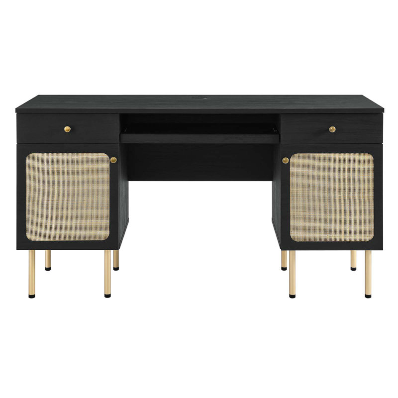 Executive Black Wood Desk with Rattan Weave Drawers and Keyboard Tray