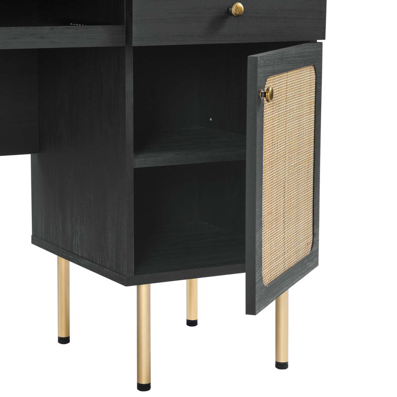 Executive Black Wood Desk with Rattan Weave Drawers and Keyboard Tray