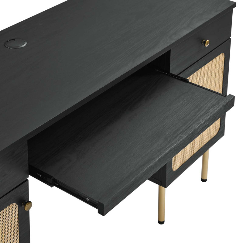 Executive Black Wood Desk with Rattan Weave Drawers and Keyboard Tray