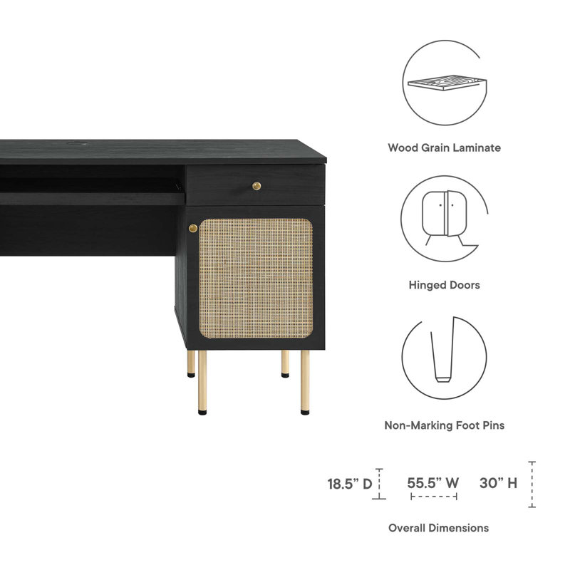 Executive Black Wood Desk with Rattan Weave Drawers and Keyboard Tray