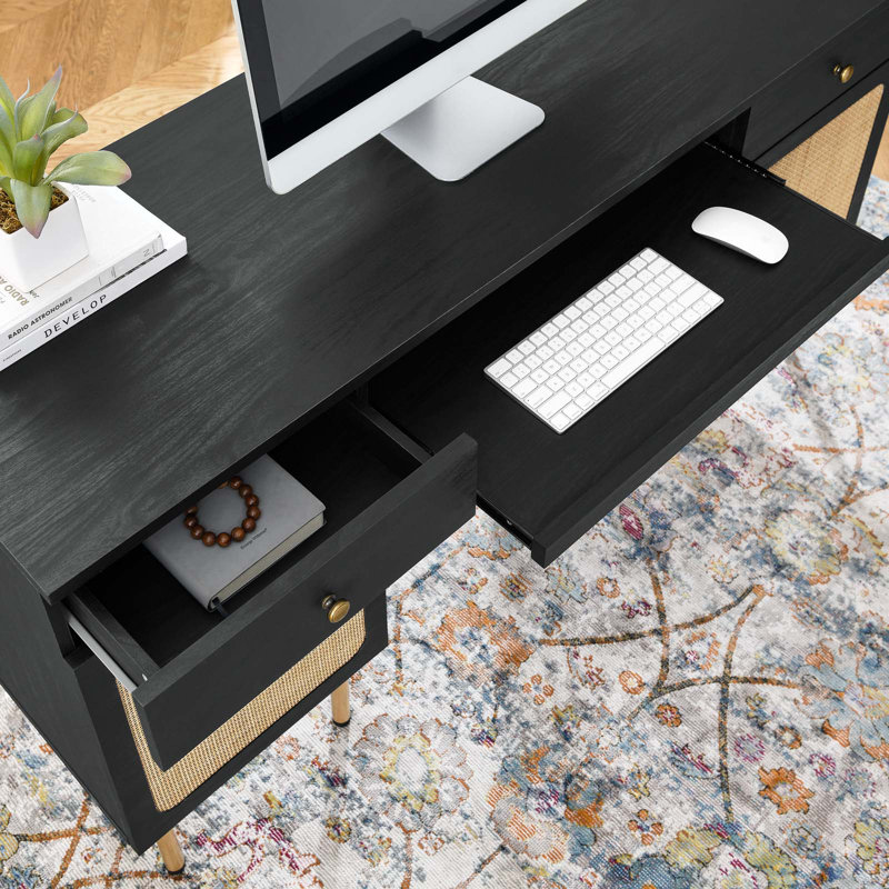 Executive Black Wood Desk with Rattan Weave Drawers and Keyboard Tray