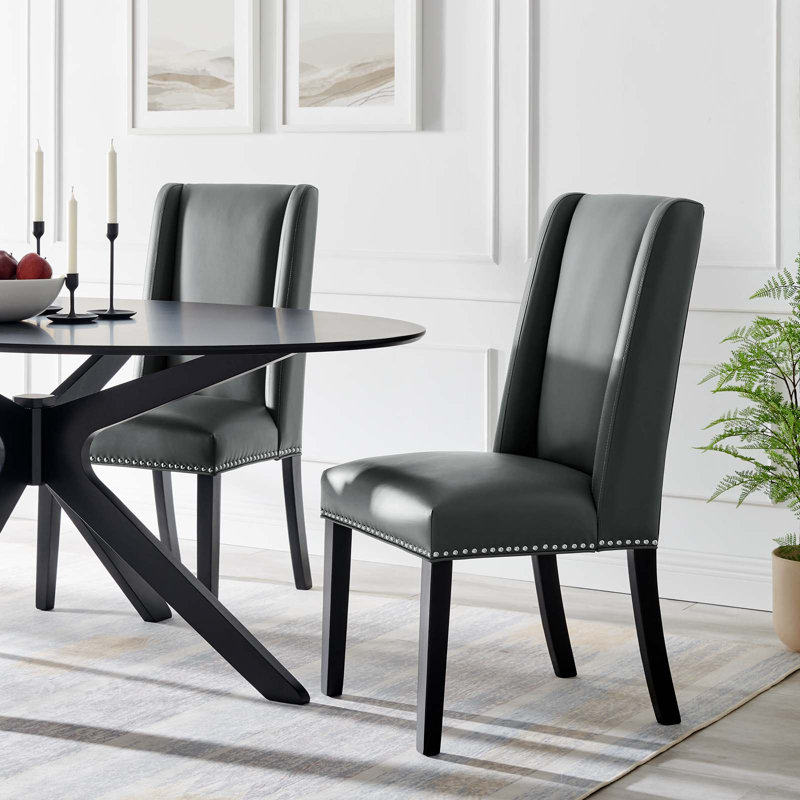 Gray Upholstered Leather Side Chair with Wood Legs