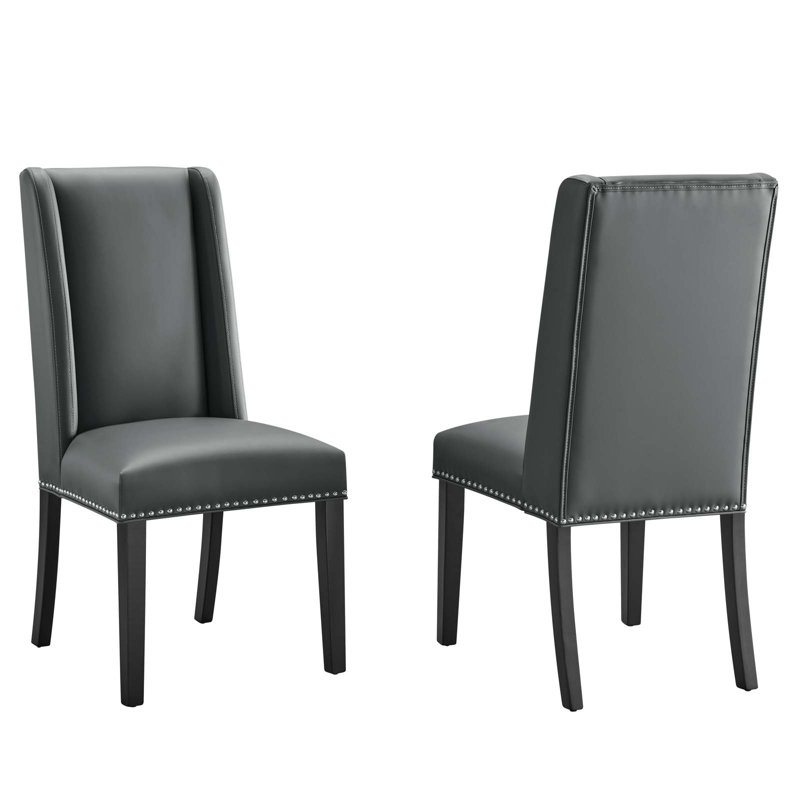 Gray Upholstered Leather Side Chair with Wood Legs