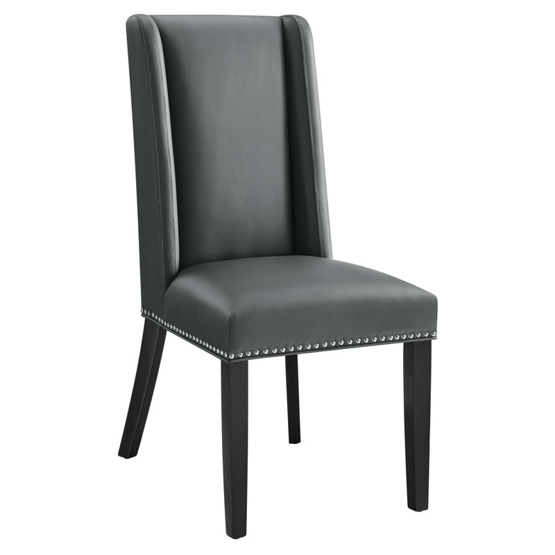 Gray Upholstered Leather Side Chair with Wood Legs