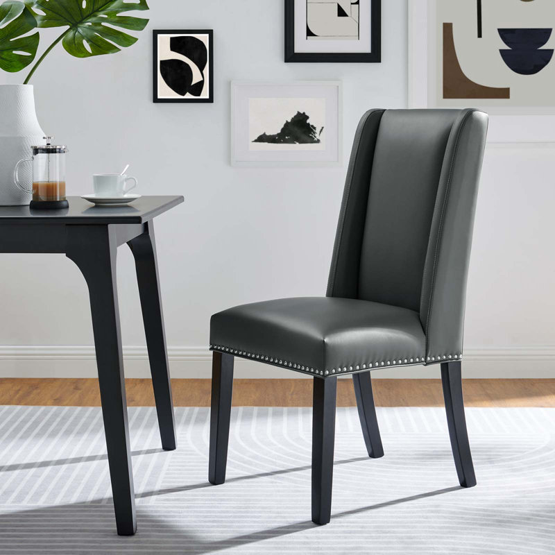 Gray Upholstered Leather Side Chair with Wood Legs