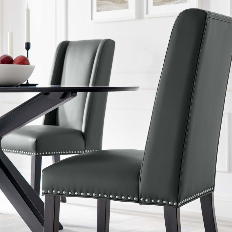 Gray Upholstered Leather Side Chair with Wood Legs