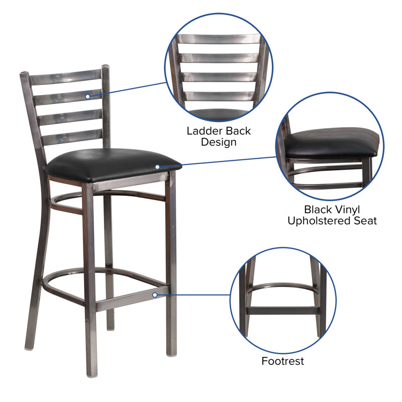 Luxe Black Vinyl and Clear Coated Metal Ladder Back Barstool