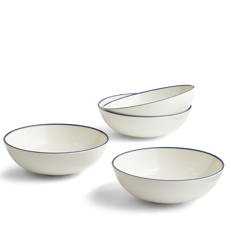 White Ceramic Round Cereal Bowls with Blue Trim, Set of 4