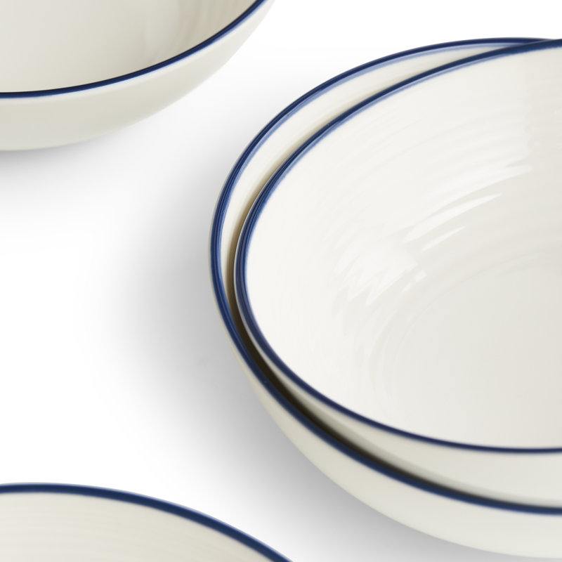 White Ceramic Round Cereal Bowls with Blue Trim, Set of 4