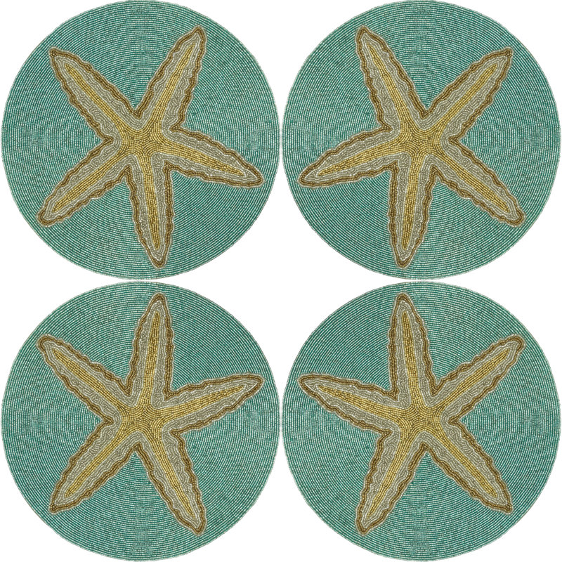 Aqua and Gold Starfish Beaded Round Placemats Set