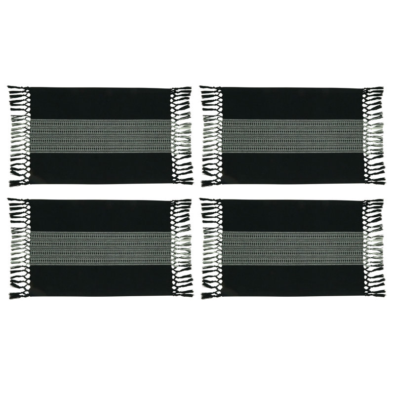Black and Gray Cotton Striped Rectangle Placemats with Tassels