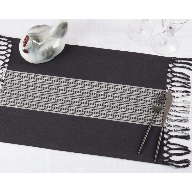 Black and Gray Cotton Striped Rectangle Placemats with Tassels