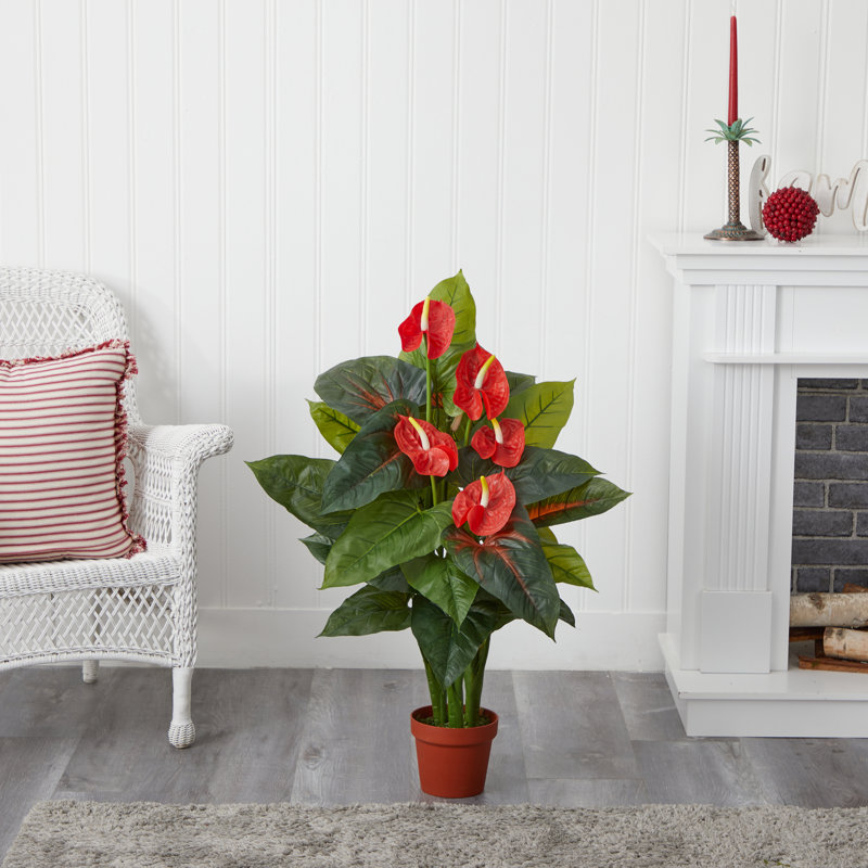 Lush Summer Anthurium Silk 35" Floor Plant in Faux Pot