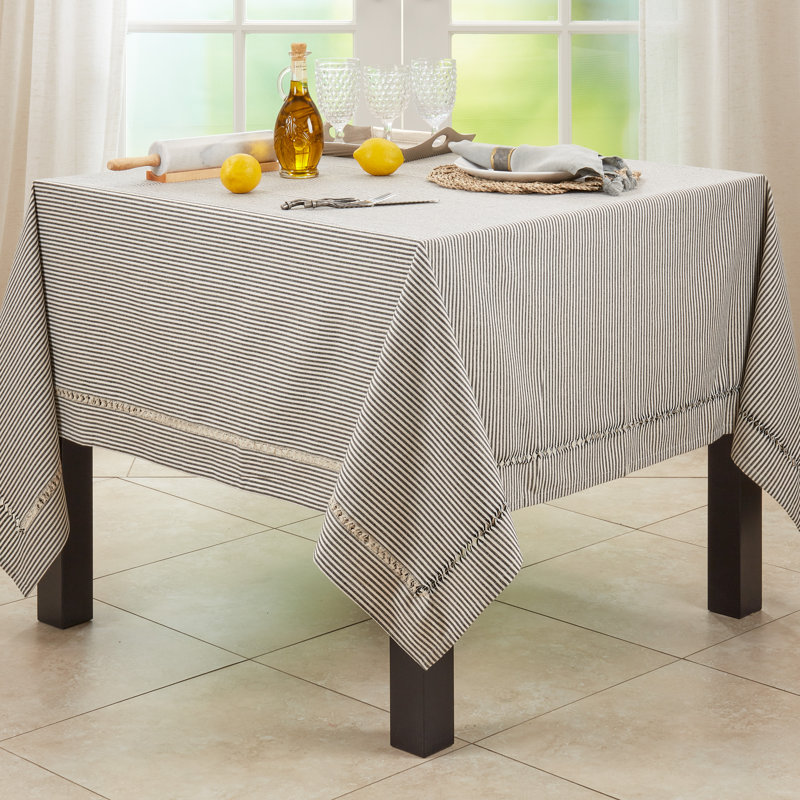 Black and White Striped Cotton Hemstitch Tablecloth