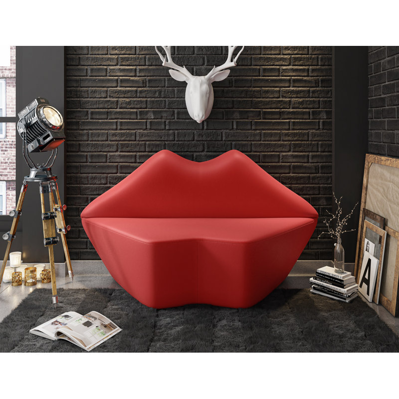 Red Faux Leather Armless Loveseat with Wood Frame